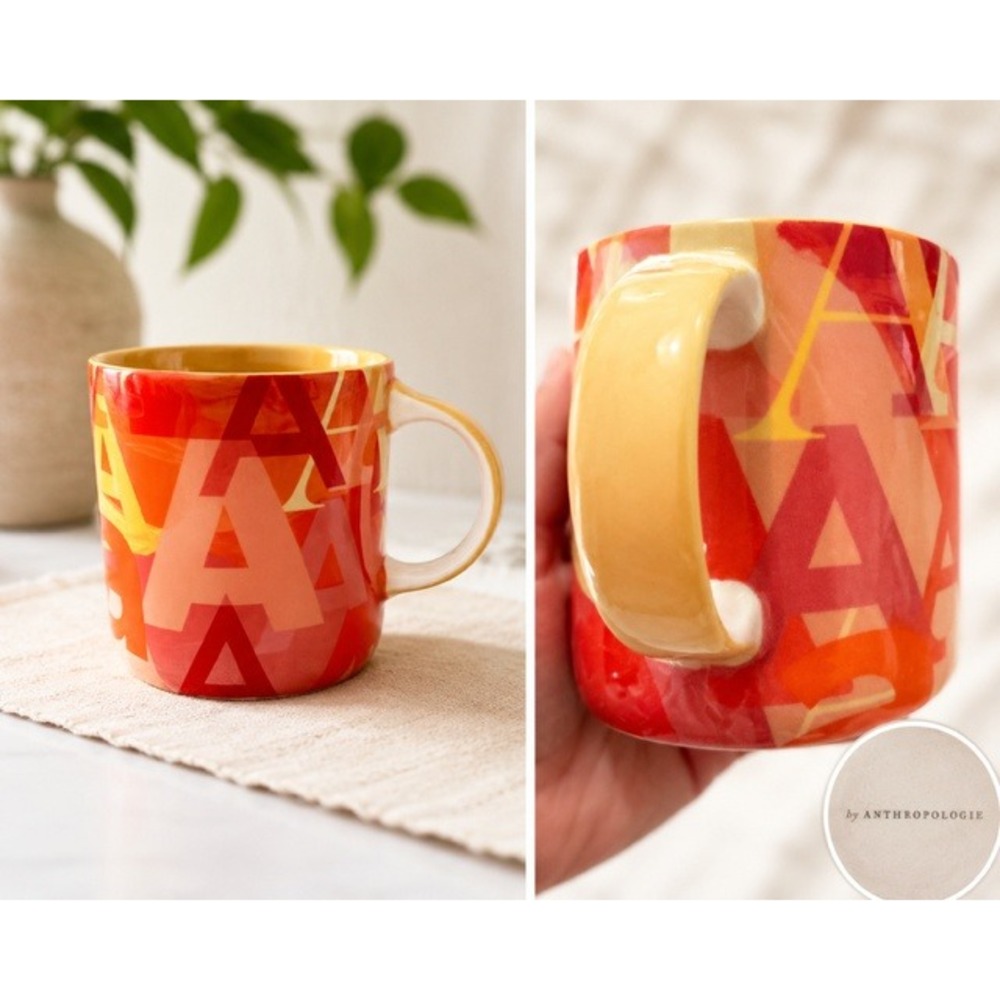 Anthropologie Monogram Letter A Coffee Mug Red Orange Yellow Ceramic Tea Cup